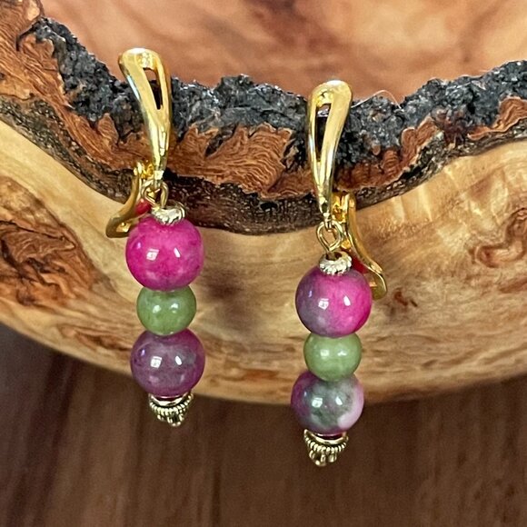 Jade Earrings Pierced Gemstone Drop Pink Green - Picture 1 of 5